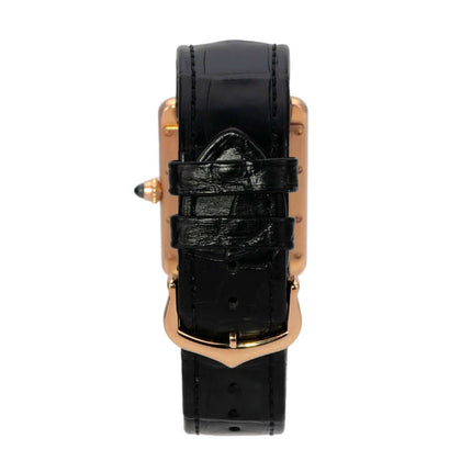 Cartier Tank Louis Cartier Large WGTA0092 mit schwarzem Lederband und Roségold-Gehäuse, Frontansicht.