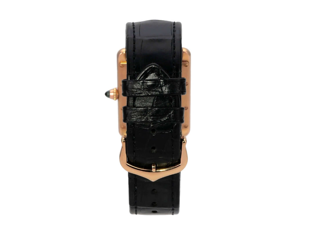 Cartier Tank Louis Cartier Large WGTA0092 mit schwarzem Lederband und Roségold-Gehäuse, Frontansicht.