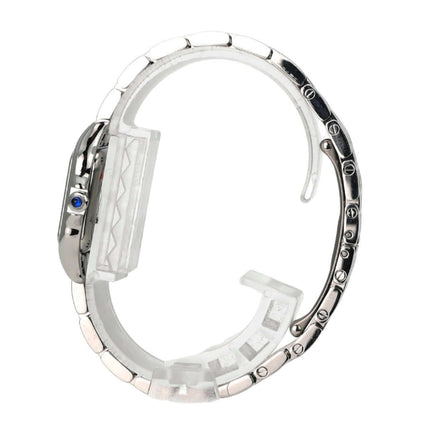 Cartier Panthere de Cartier WSPN0013 seitliche Ansicht mit poliertem Edelstahlarmband und Saphirglas.