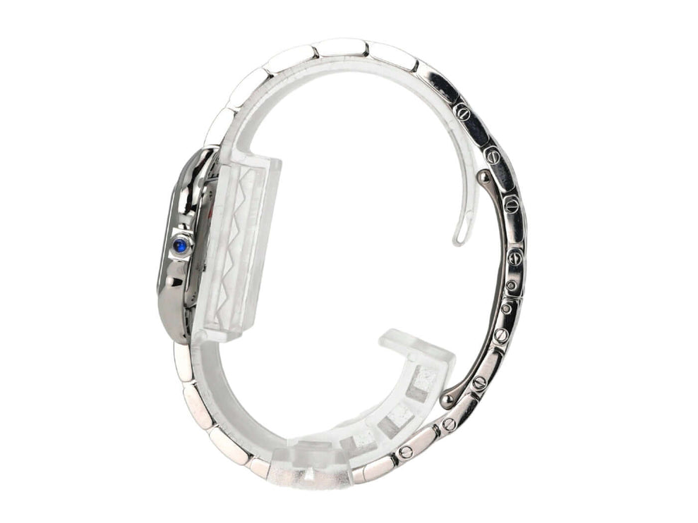 Cartier Panthere de Cartier WSPN0013 seitliche Ansicht mit poliertem Edelstahlarmband und Saphirglas.