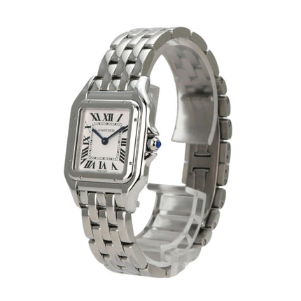 Cartier Panthere de Cartier WSPN0015 Edelstahlarmbanduhr mit silberfarbenem Zifferblatt und römischen Ziffern.