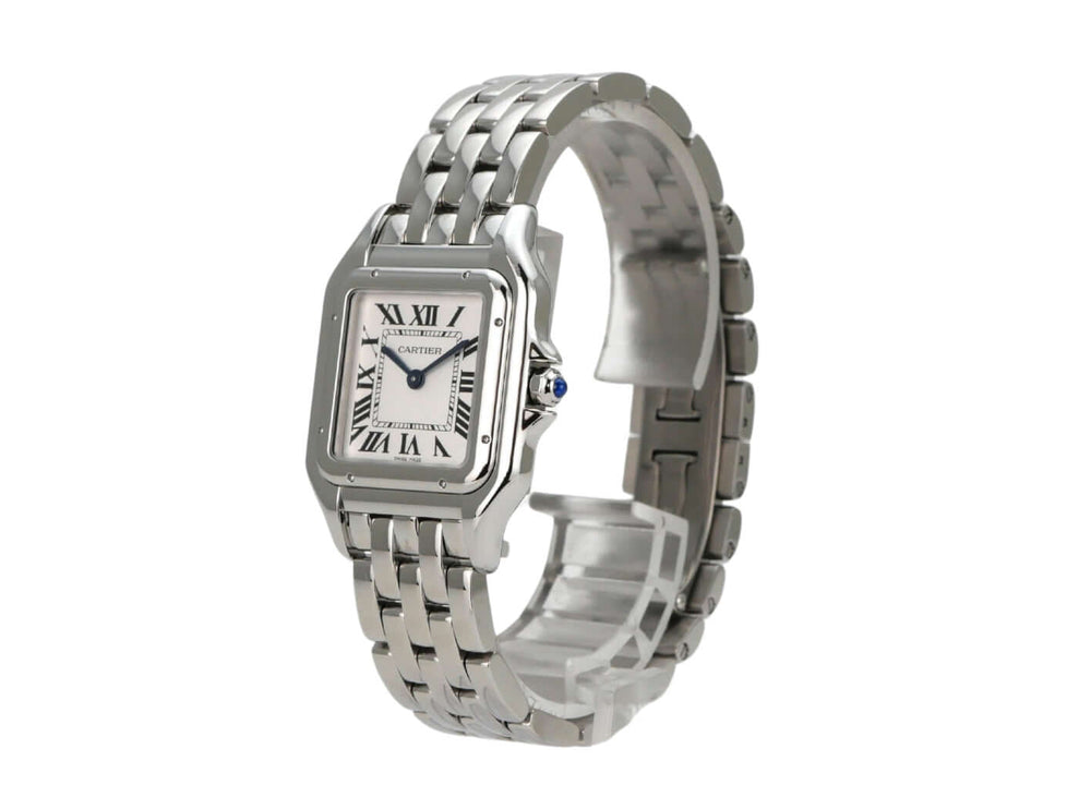 Cartier Panthere de Cartier WSPN0015 Edelstahlarmbanduhr mit silberfarbenem Zifferblatt und römischen Ziffern.