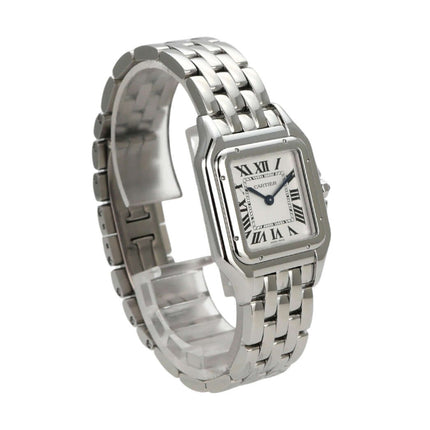 Cartier Panthere de Cartier WSPN0015 elegante Edelstahlarmbanduhr mit silberfarbenem Zifferblatt und römischen Ziffern.