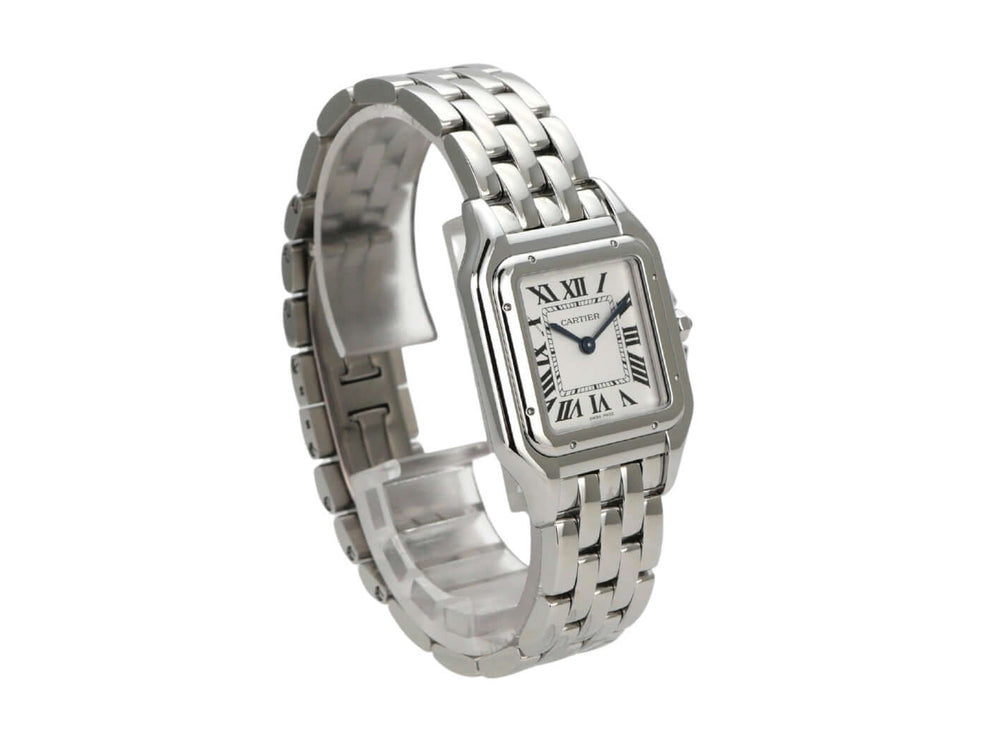 Cartier Panthere de Cartier WSPN0015 elegante Edelstahlarmbanduhr mit silberfarbenem Zifferblatt und römischen Ziffern.