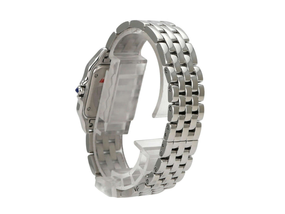 Seitenansicht des Cartier Panthere de Cartier WSPN0015 mit Edelstahlarmband und poliertem Gehäuse.