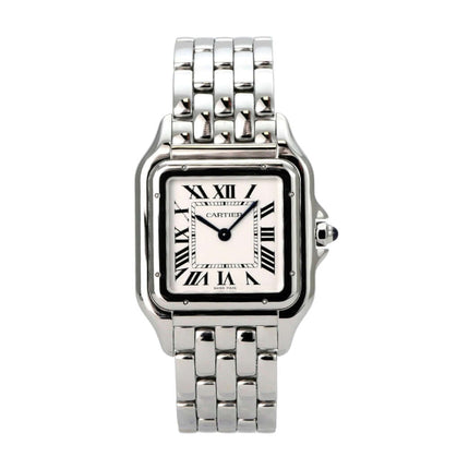 Cartier Panthere de Cartier WSPN0016 große Armbanduhr aus Edelstahl mit römischen Ziffern und silberfarbenem Zifferblatt.