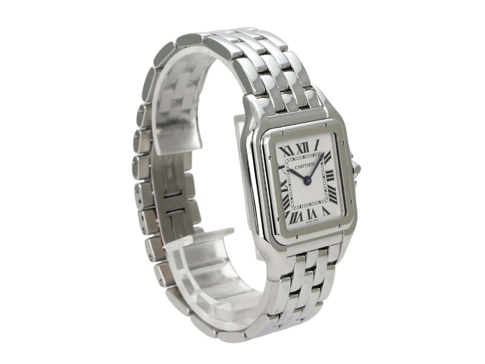 Cartier Panthere de Cartier WSPN0016 Edelstahlarmbanduhr mit silberfarbenem Zifferblatt und römischen Ziffern.