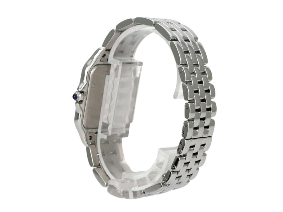 Seitenansicht der Cartier Panthere de Cartier WSPN0016 mit Edelstahlarmband und polierter Oberfläche.