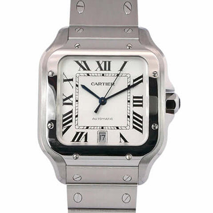 Cartier Santos de Cartier WSSA0018 Uhr mit Edelstahlgehäuse, silberfarbener Zifferblatt und Doppelfaltschließe.