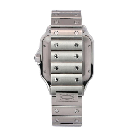 Rückansicht der Cartier Santos de Cartier WSSA0018 mit satiniertem Edelstahlarmband und Doppelfaltschließe.