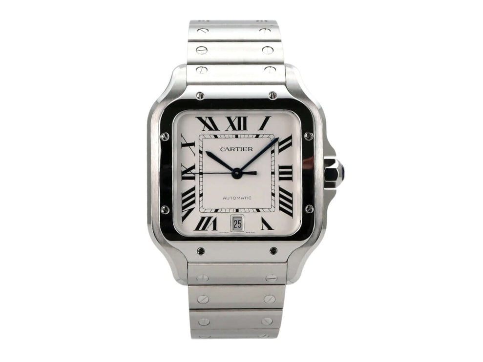 Cartier Santos de Cartier WSSA0018 Edelstahlarmbanduhr mit silberfarbenem Zifferblatt und Automatikwerk.