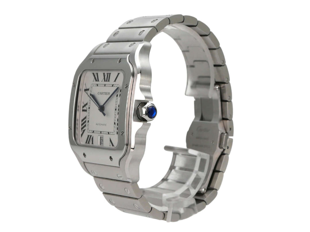 Cartier Santos de Cartier WSSA0018 Edelstahlarmbanduhr mit silberfarbenem Zifferblatt und Doppelfaltschließe.