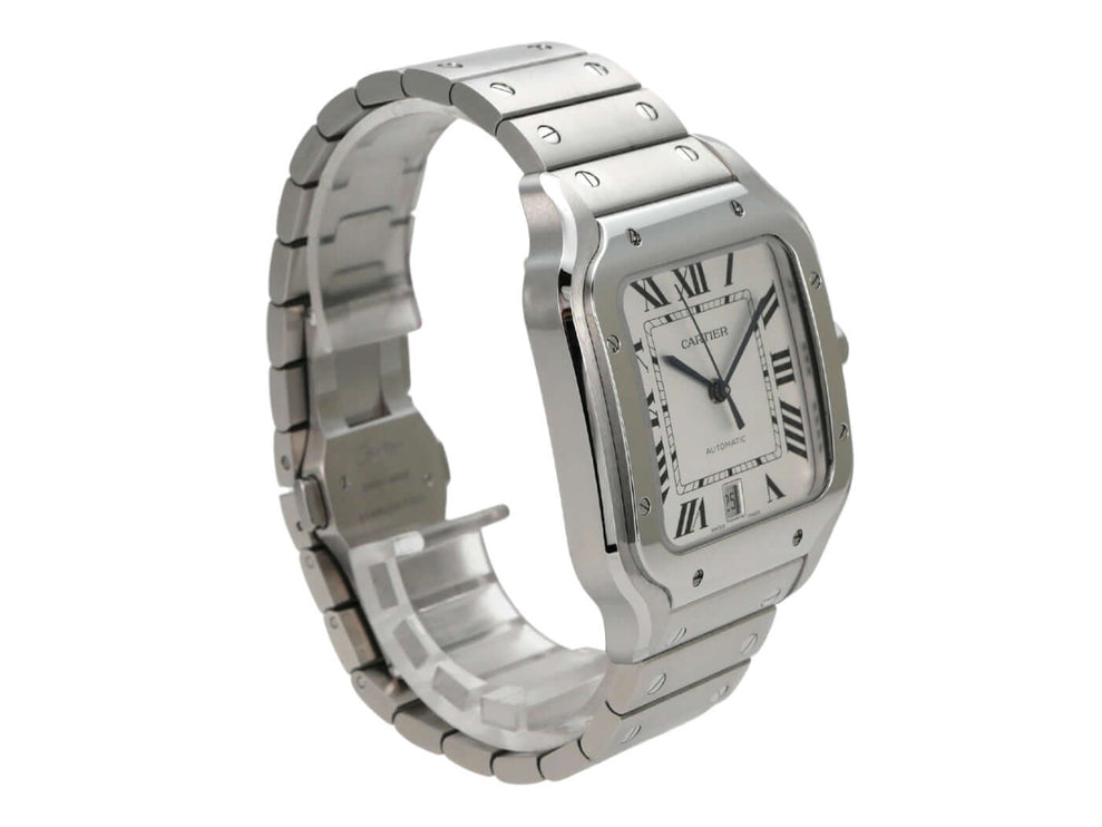 Cartier Santos de Cartier WSSA0018 Edelstahlarmbanduhr mit silberfarbenem Zifferblatt und Automatikuhrwerk.