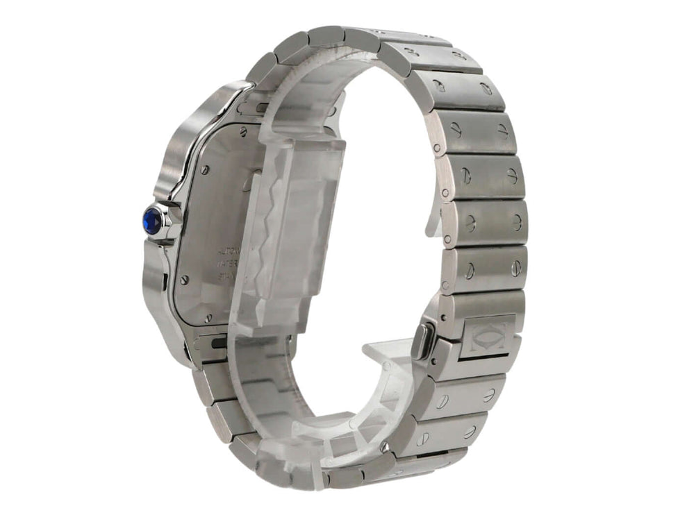 Lateralansicht der Cartier Santos de Cartier WSSA0018 Edelstahl-Uhr mit polierter und satinierten Oberfläche.