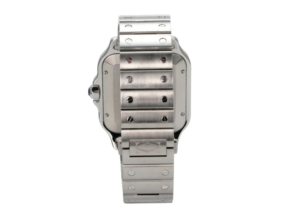 Rückansicht der Cartier Santos de Cartier WSSA0018 Uhr mit Edelstahlarmband und Doppelfaltschließe.