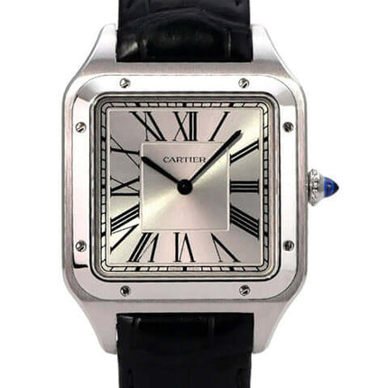 Cartier Santos-Dumont XL Modell WSSA0032, Edelstahl, blaues Lederband, silbernes Zifferblatt mit römischen Ziffern