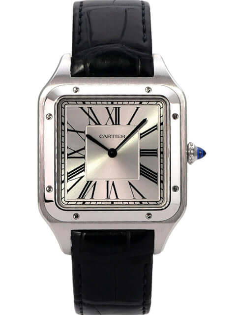 Cartier Santos-Dumont XL Modell WSSA0032, Edelstahl, blaues Lederband, silbernes Zifferblatt mit römischen Ziffern