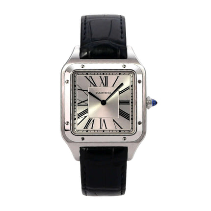 Cartier Santos-Dumont XL Modell WSSA0032 aus Edelstahl mit blauem Lederband, silbernem Zifferblatt und römischen Ziffern