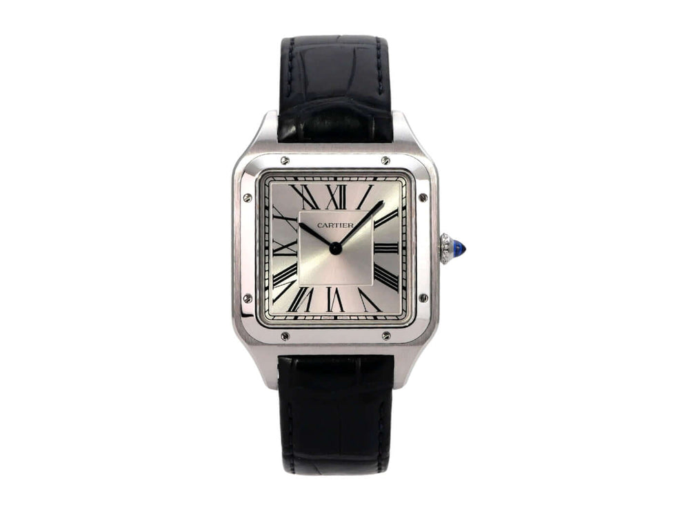 Cartier Santos-Dumont XL Modell WSSA0032 aus Edelstahl mit blauem Lederband, silbernem Zifferblatt und römischen Ziffern