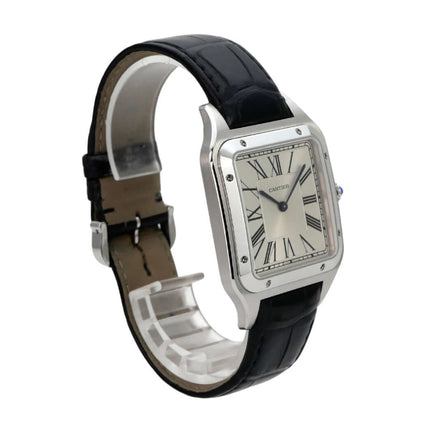 Cartier Santos-Dumont XL Modell WSSA0032 aus Edelstahl mit blauem Lederband und römischem Zifferblatt