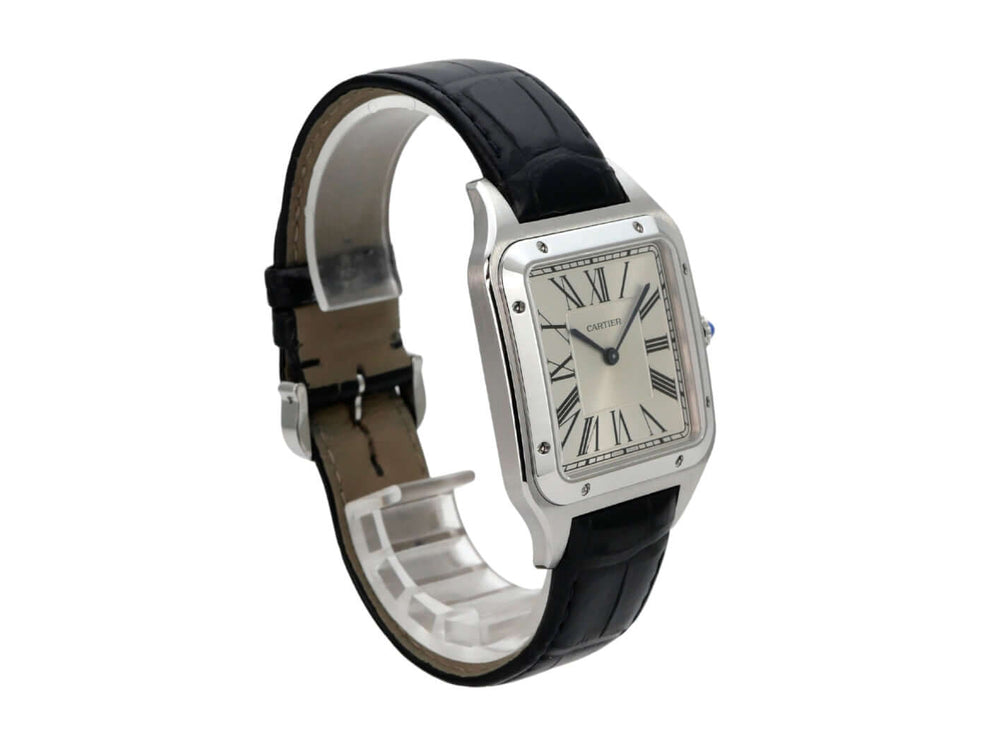 Cartier Santos-Dumont XL Modell WSSA0032 aus Edelstahl mit blauem Lederband und römischem Zifferblatt