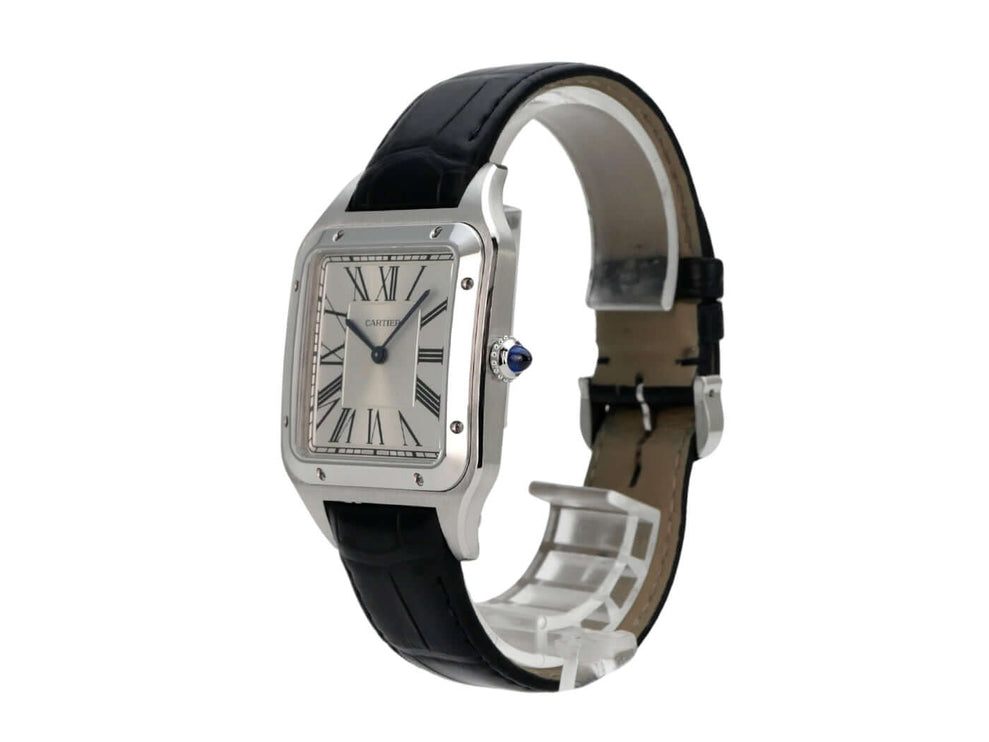 Cartier Santos-Dumont XL Modell WSSA0032 aus Edelstahl mit blauem Lederband, silbernem Zifferblatt und Quarzwerk