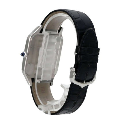 Cartier Santos-Dumont XL Modell WSSA0032 aus Edelstahl mit blauem Lederband, Seitenansicht