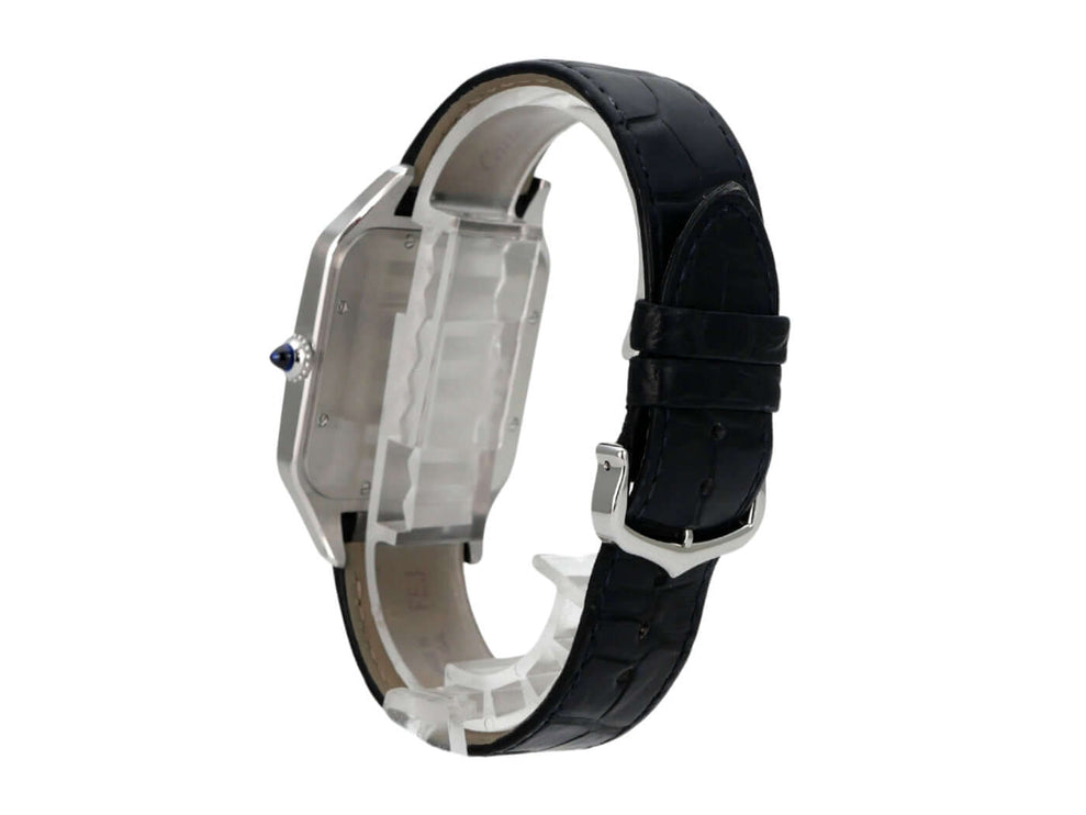Cartier Santos-Dumont XL Modell WSSA0032 aus Edelstahl mit blauem Lederband, Seitenansicht