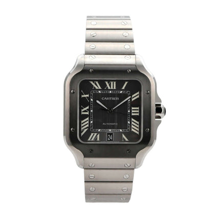 Cartier Santos de Cartier WSSA0037, großes Modell, Edelstahl, schwarzes Zifferblatt, Automatikwerk, elegantes Design.
