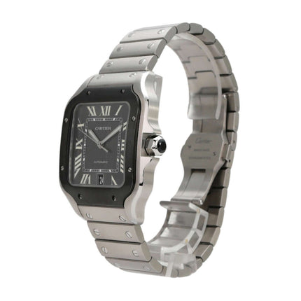 Cartier Santos de Cartier WSSA0037 Edelstahl Uhr mit schwarzem Zifferblatt und DLC-beschichteter Lünette.