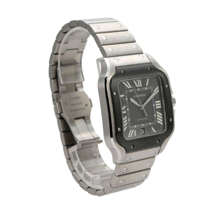 Cartier Santos de Cartier Edelstahl WSSA0037, großes Modell mit schwarzem Zifferblatt und Doppelfaltschließe.