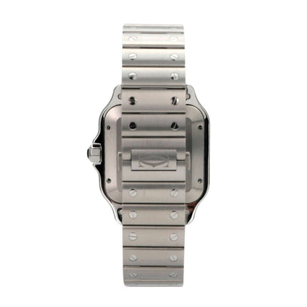 Cartier Santos de Cartier Edelstahlarmbanduhr, Rückansicht zeigt polierte und satinierte Oberfläche.