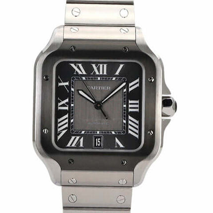 Cartier Santos de Cartier großes Modell WSSA0037 Edelstahl Armbanduhr mit schwarzem Zifferblatt und DLC-beschichteter Lünette.