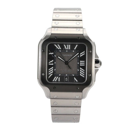Cartier Santos de Cartier großes Modell WSSA0037 Uhr mit Edelstahlarmband und schwarzem Zifferblatt, Frontansicht.