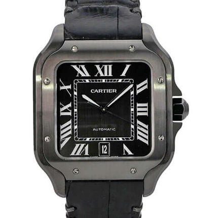 Cartier Santos de Cartier großes Modell WSSA0039: schwarze Edelstahl-DLC-Uhr mit Lederarmband und Automatikwerk