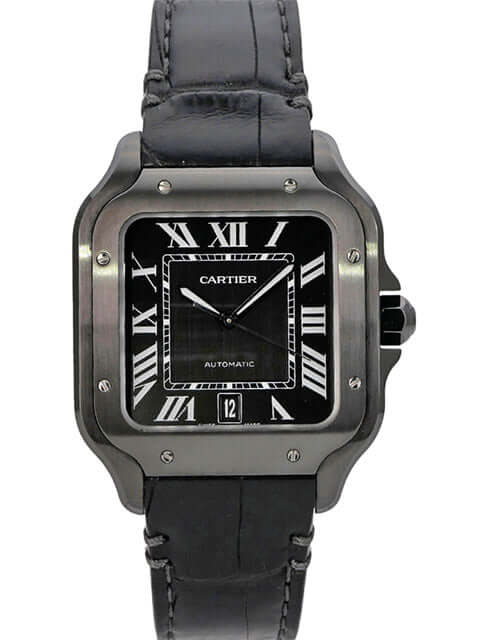 Cartier Santos de Cartier großes Modell WSSA0039: schwarze Edelstahl-DLC-Uhr mit Lederarmband und Automatikwerk
