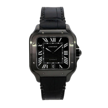 Cartier Santos de Cartier großes Modell WSSA0039 schwarz, Edelstahl mit DLC-Beschichtung, schwarzes Zifferblatt und Lederband