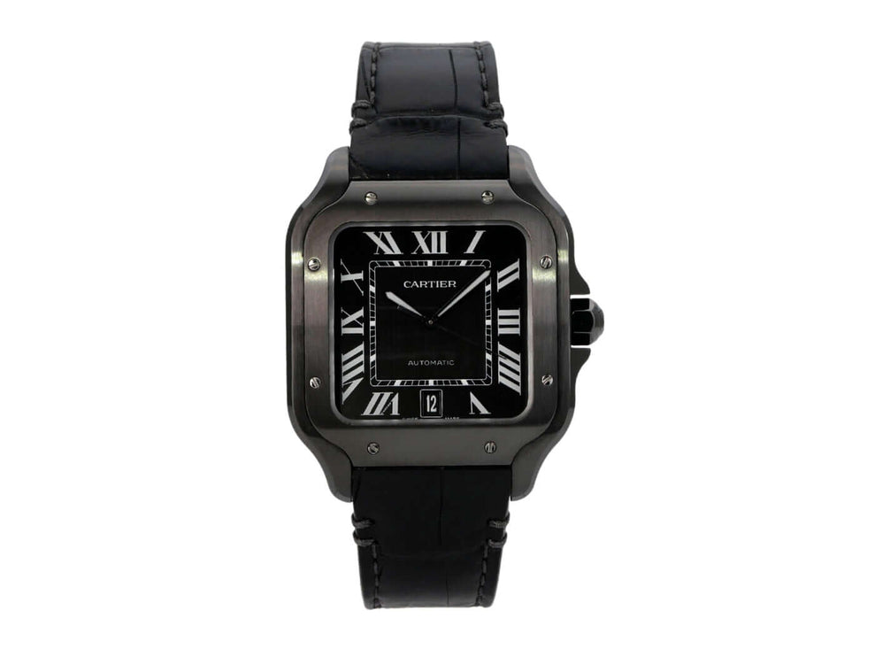 Cartier Santos de Cartier großes Modell WSSA0039 schwarz, Edelstahl mit DLC-Beschichtung, schwarzes Zifferblatt und Lederband