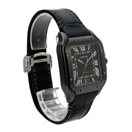 Cartier Santos de Cartier großes Modell WSSA0039, schwarze Automatikuhr mit DLC-beschichtetem Edelstahlgehäuse und Lederarmband