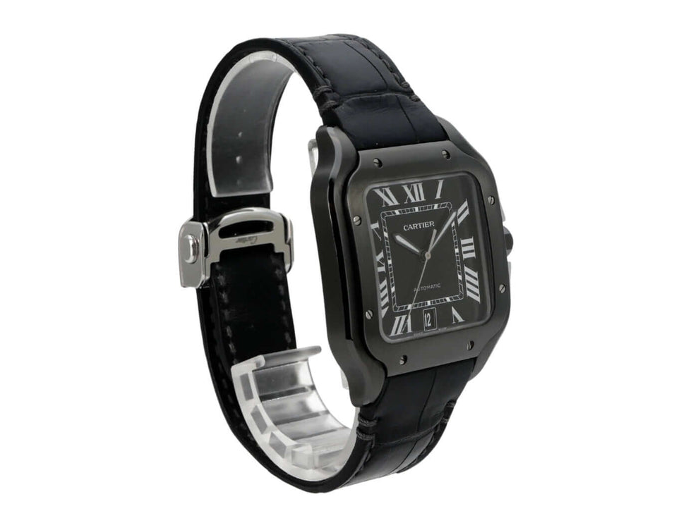 Cartier Santos de Cartier großes Modell WSSA0039, schwarze Automatikuhr mit DLC-beschichtetem Edelstahlgehäuse und Lederarmband