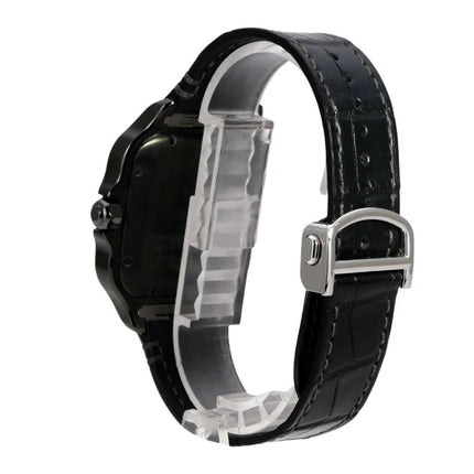 Cartier Santos de Cartier großes Modell WSSA0039, schwarze Rückansicht mit DLC-beschichtetem Edelstahlgehäuse und Lederarmband