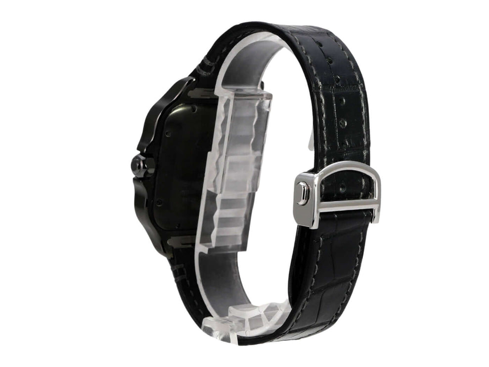 Cartier Santos de Cartier großes Modell WSSA0039, schwarze Rückansicht mit DLC-beschichtetem Edelstahlgehäuse und Lederarmband
