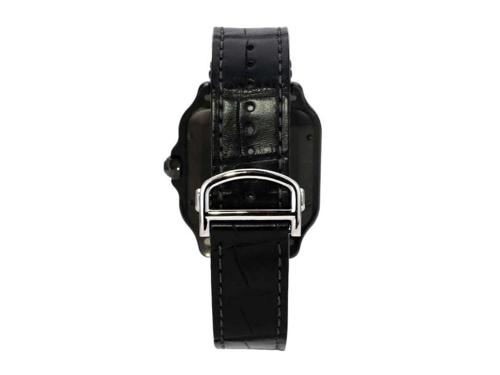Cartier Santos de Cartier großes Modell WSSA0039 mit schwarzem Lederarmband und Faltschließe