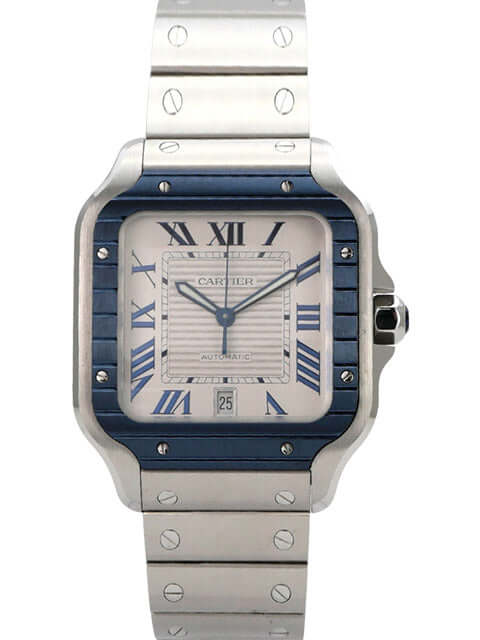 Cartier Santos de Cartier großes Modell WSSA0047 Uhr mit Edelstahl und blauer DLC-Beschichtung, Graues Zifferblatt mit römischen Ziffern.