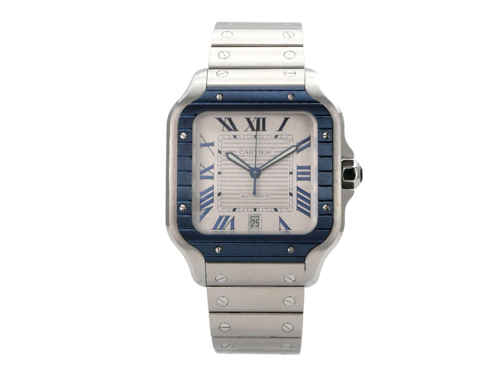 Cartier Santos de Cartier großes Modell WSSA0047 Edelstahl-Uhr mit blauem Zifferblatt und Lünette.