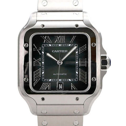 Cartier Santos de Cartier großes Modell WSSA0062, Edelstahl, grünes Zifferblatt, Automatikwerk, polierte und satinierte Oberfläche.