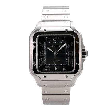 Cartier Santos de Cartier großes Modell WSSA0062 mit schwarzem Zifferblatt und Edelstahlarmband.