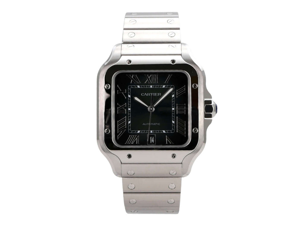 Cartier Santos de Cartier großes Modell WSSA0062 mit schwarzem Zifferblatt und Edelstahlarmband.