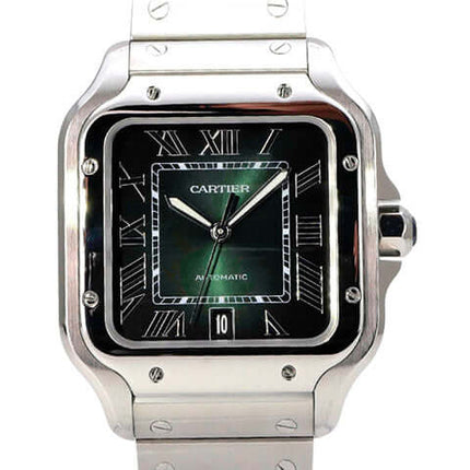 Cartier Santos de Cartier großes Modell WSSA0062 mit grünem Zifferblatt und Edelstahlband.