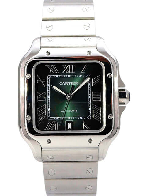 Cartier Santos de Cartier großes Modell WSSA0062 mit grünem Zifferblatt und Edelstahlband.